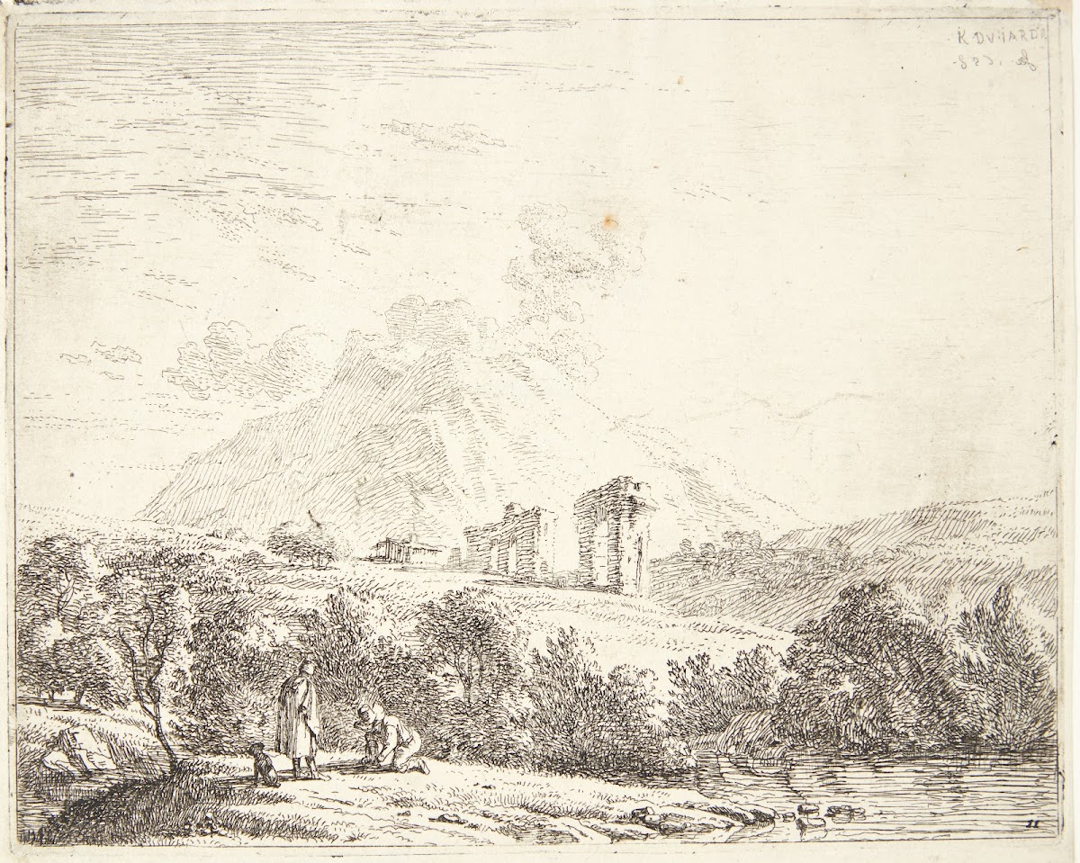 Ruinlandskab med to mænd og en hund 1658