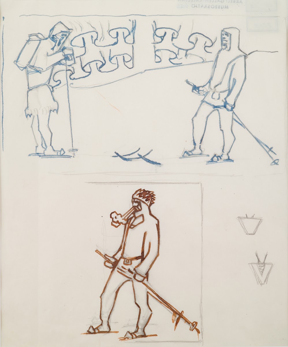 The Great Kalevala sketch for page 1 skiers meet 1925