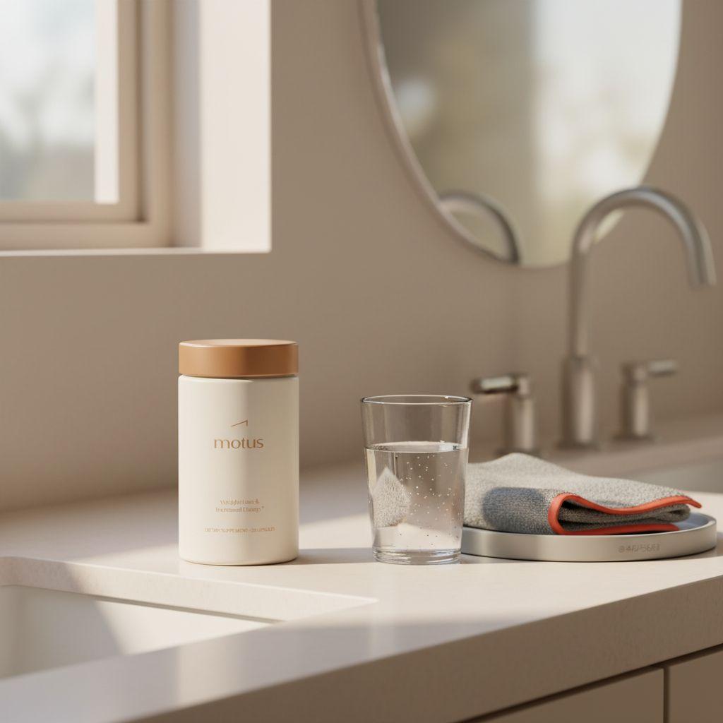 Motus supplement bottle on a bathroom counter next to a glass of water and folded towel in a minimalist Tonum-style morning scene for leptin tablets