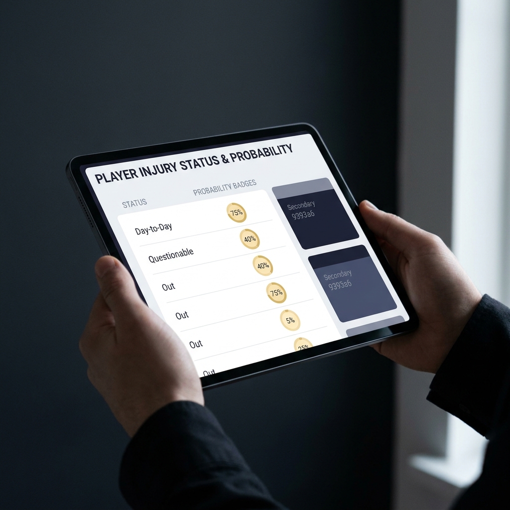 Close up of a sports analyst viewing a tablet dashboard showing status to probability mapping demonstrating How Injuries Should Be Weighted in Forecasts for player performance models