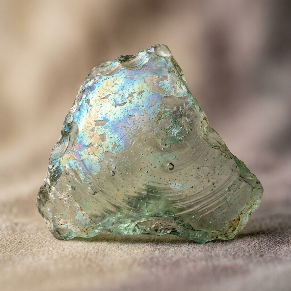 Close up macro of authentic roman glass jewelry fragment showing iridescence bubble patterns and manufacturing marks on a soft beige minimal background