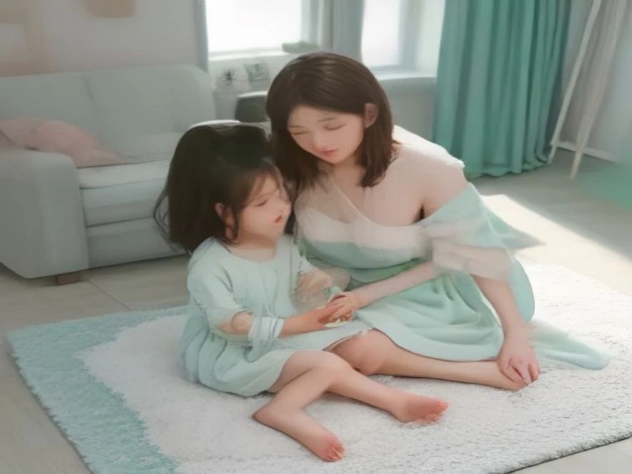 따뜻하고 아늑한 거실에서 엄마와 3세 아이가 나란히 앉아 다정하게 그림책을 보며 자연스러운 언어 교감을 나누는 파스텔톤 일러스트