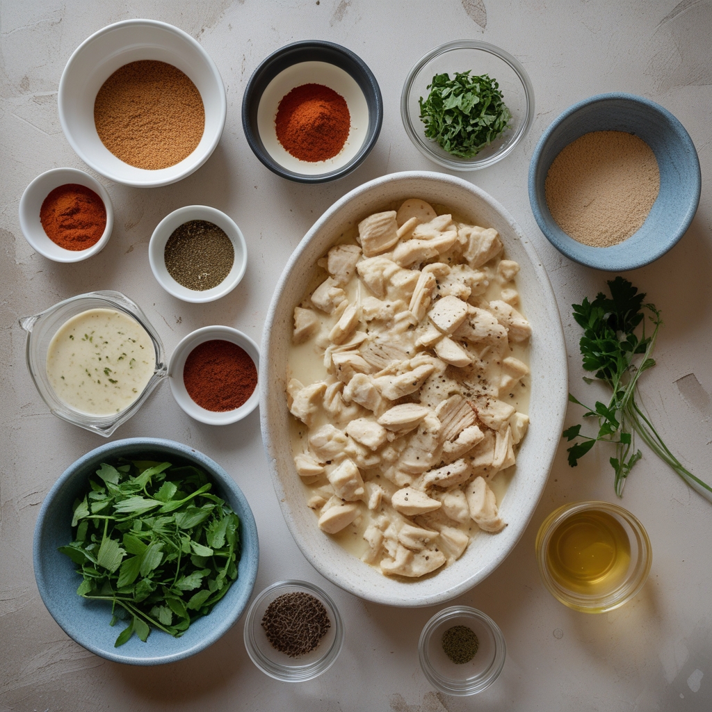 Ingredients for High-Protein Chicken Alfredo Bake for Easy Low-Carb Meal Prep with Creamy Comfort