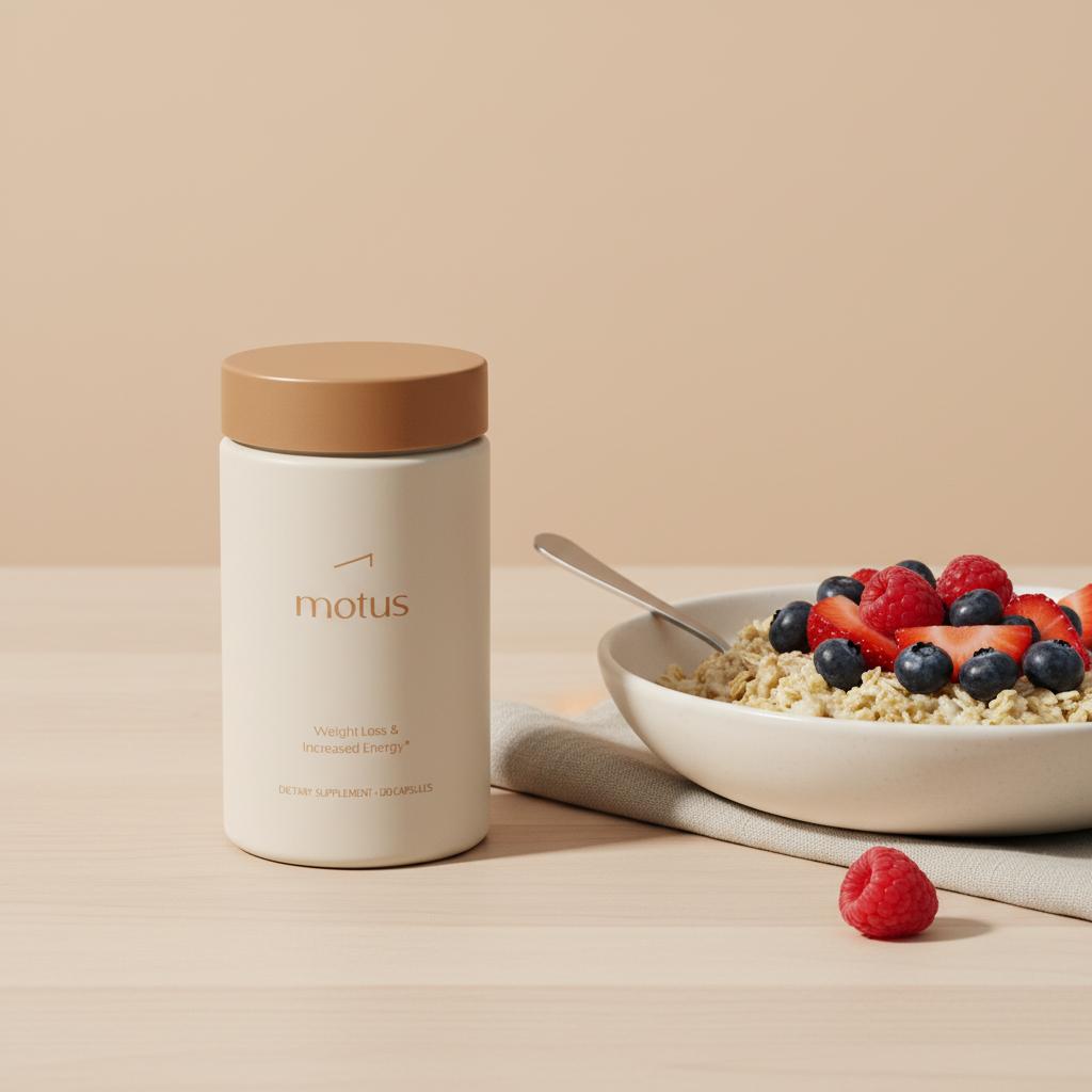Tonum supplement container beside a bowl of high-fiber oats and berries on a wooden table, illustrating how long do probiotics take to work for gut health.
