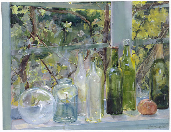 Windowsill with Bottles a Glass Globe and an Apple c 1892