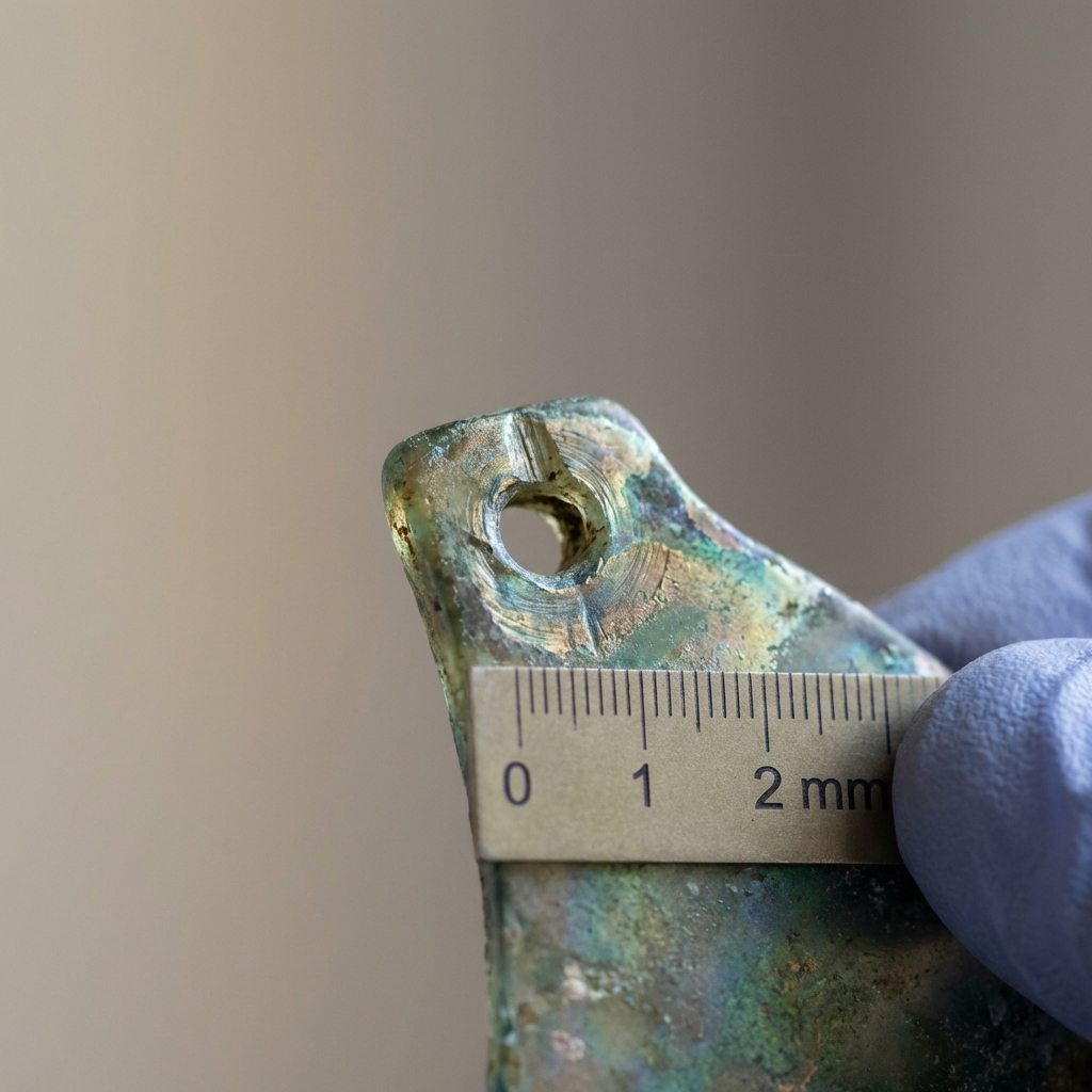 Macro photograph of a roman glass pendant suspension hole and drilled edge with millimeter scale marker and gloved hand in a clean conservation setting