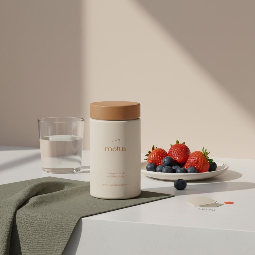 Minimalist studio photo of Motus Tonum supplement jar on a kitchen counter with a small plate of berries and a glass of water on a soft beige background, daily routine, best berberine supplement