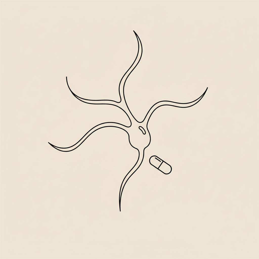 Minimal Tonum-style line illustration of a neuron and small capsule on beige background symbolizing taurine for headaches