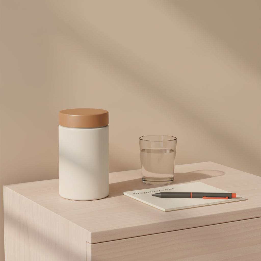 Minimalist nightstand with Tonum supplement jar, notepad titled 'Pregnancy notes', pen and water glass illustrating alpha-lipoic acid pregnancy safety.