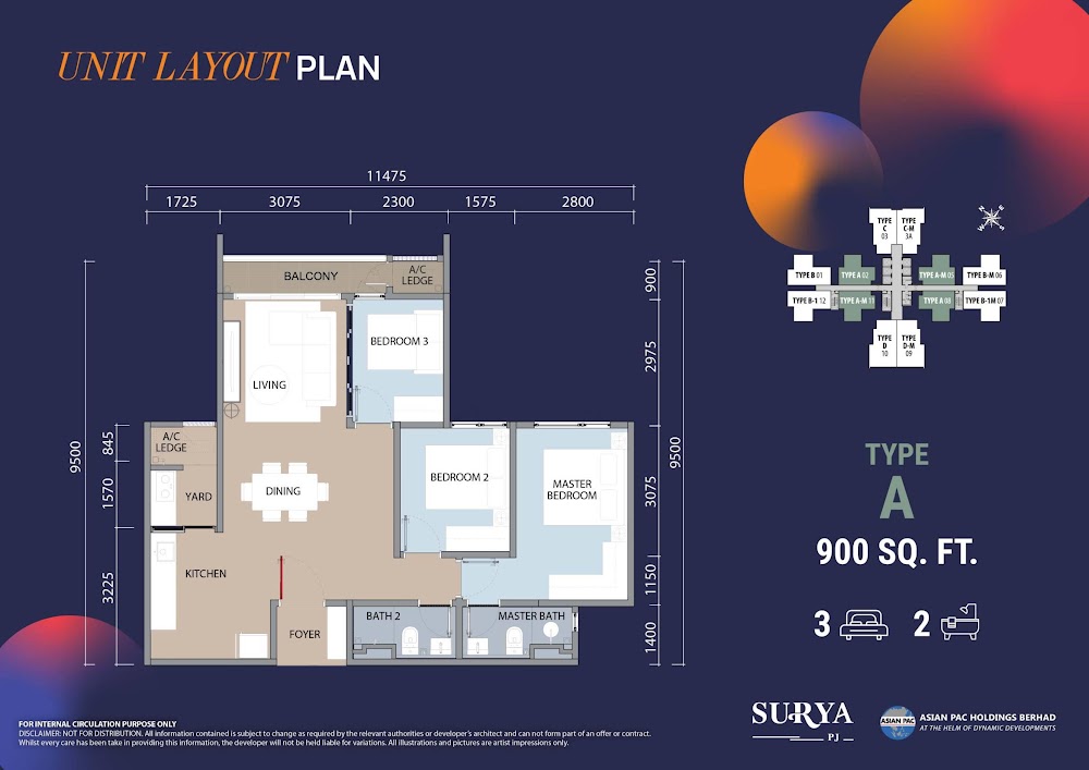 Dwi Aurora Type A floor plan — 977 sq ft, 3 bedrooms