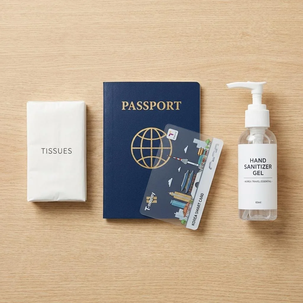 A flat-lay image showing a passport, a T-money card, a small pack of tissues, and a bottle of Clean Well Hand Sanitizer Gel.