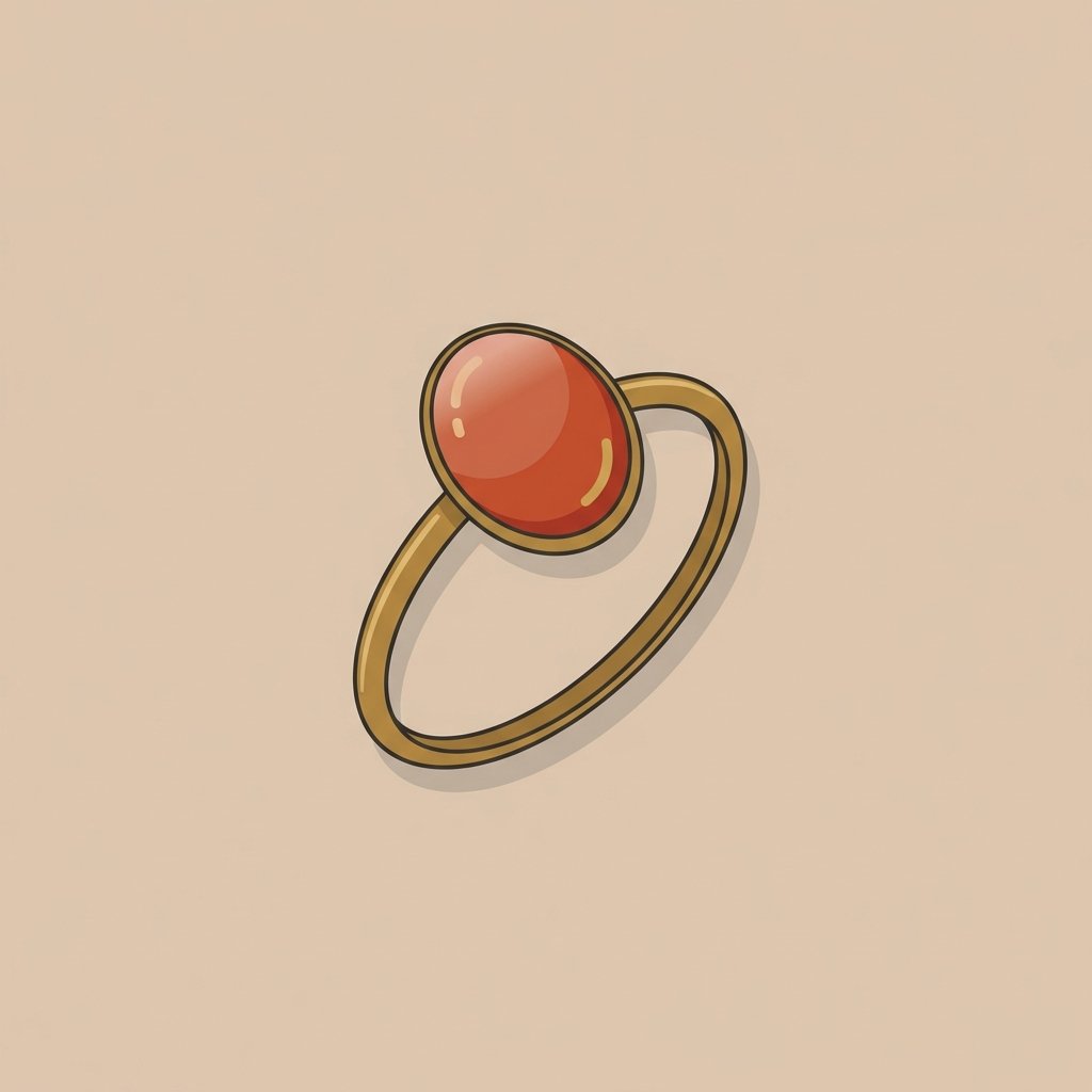 Minimalist 2D vector of a carnelian cabochon ring centered on a warm beige background with a slender gold band and subtle shadow