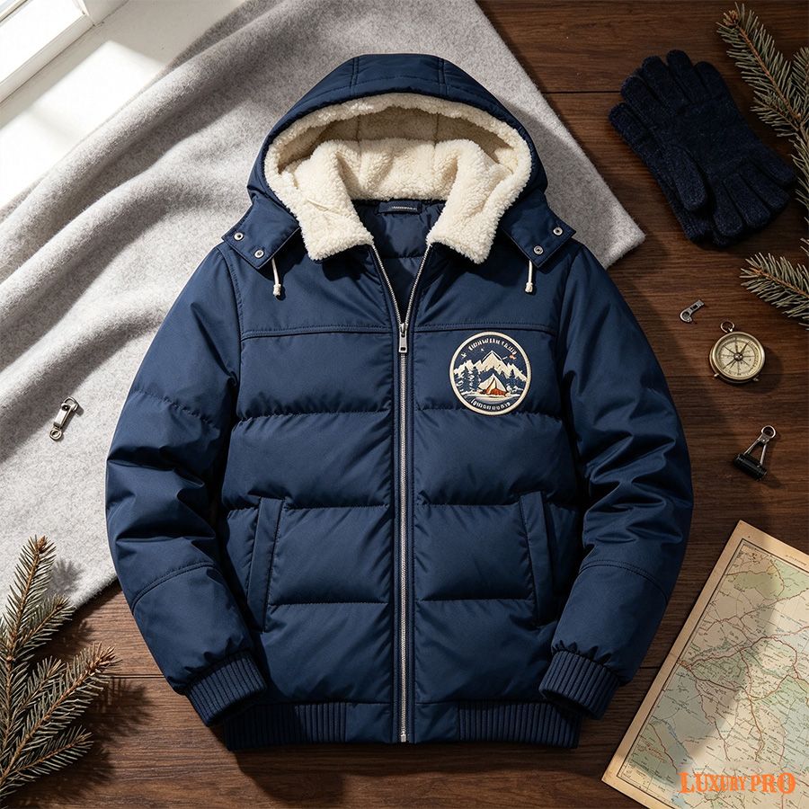 2D patterned hooded fur-coated cotton coat