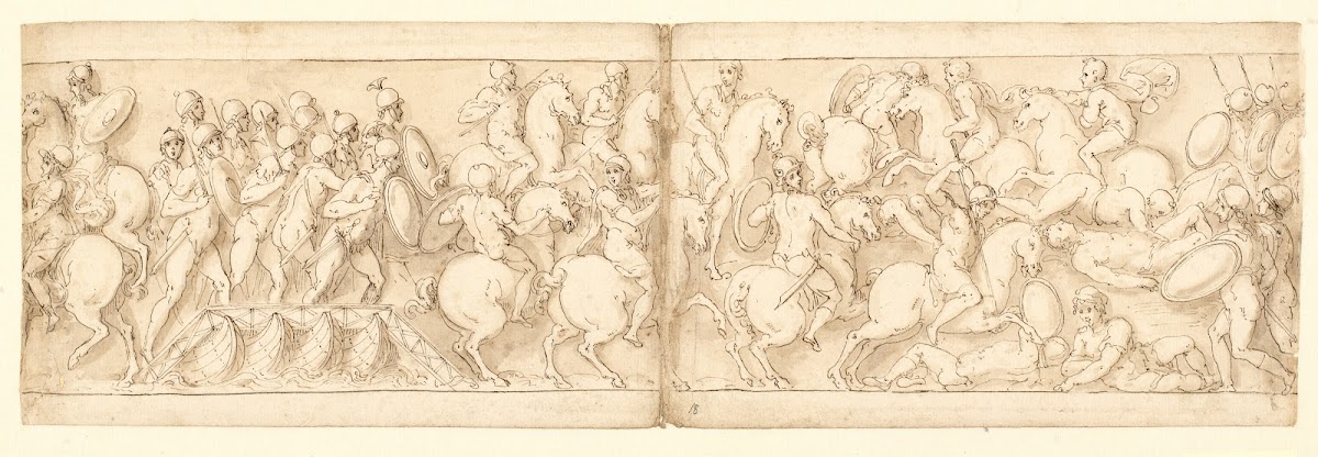 Marcus Aurelius drager afsted over en bro med infanteri og kavaleri sarmaterne d
