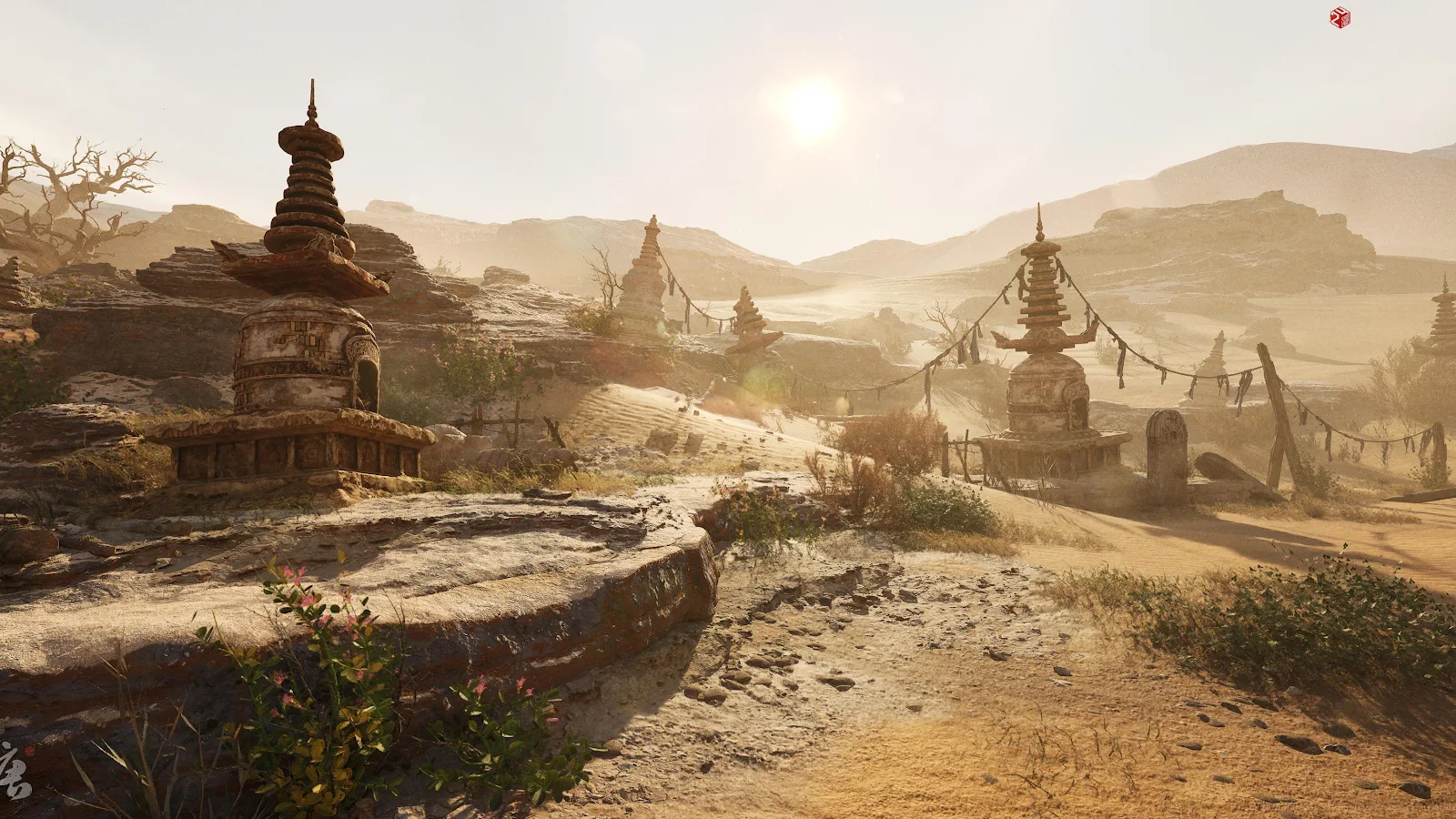 Desert Stupas Under Hazy Sun 2K Desktop Wallpaper