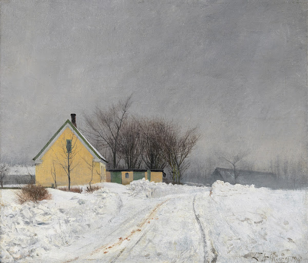Foggy Winter Day To the Left a Yellow House Deep Snow 1910