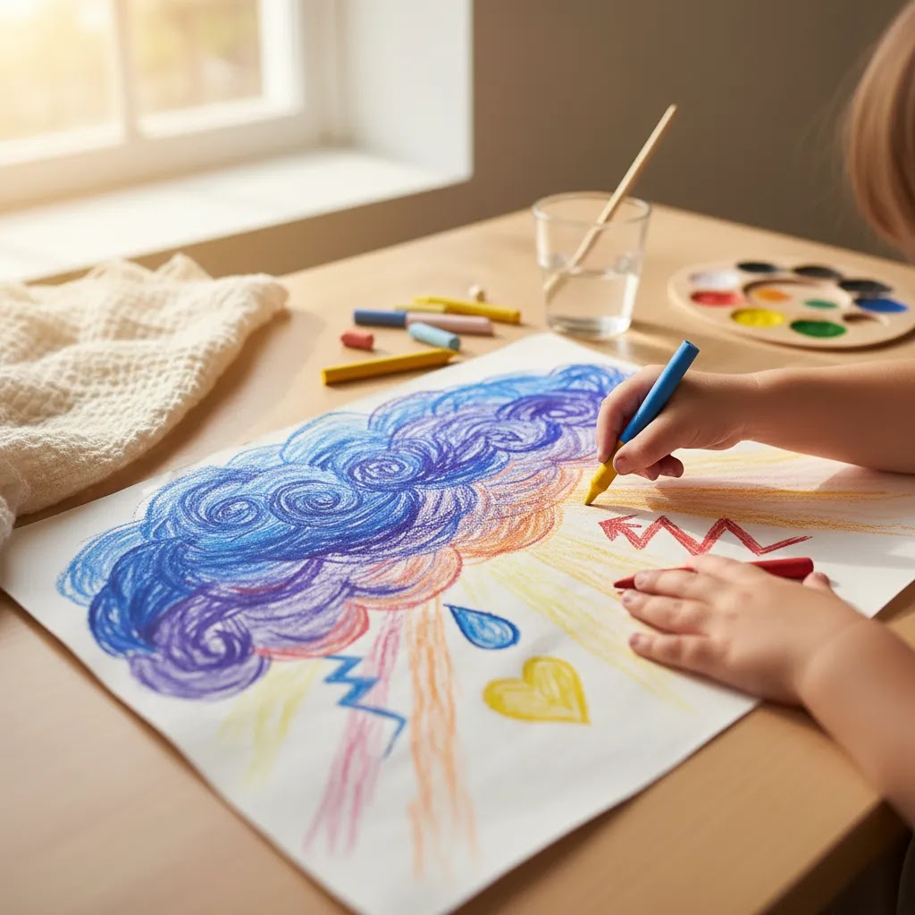 Benefits of art therapy in children illustrated by nonverbal emotional expression through drawing and color