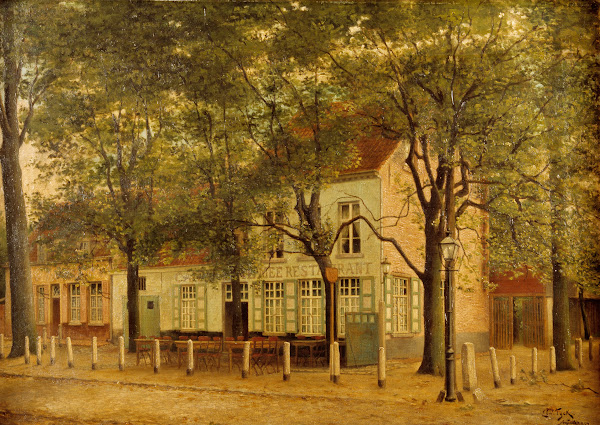 Ingelijst schilderij met voorstelling van de oude herberg De Dikke Mee 1912