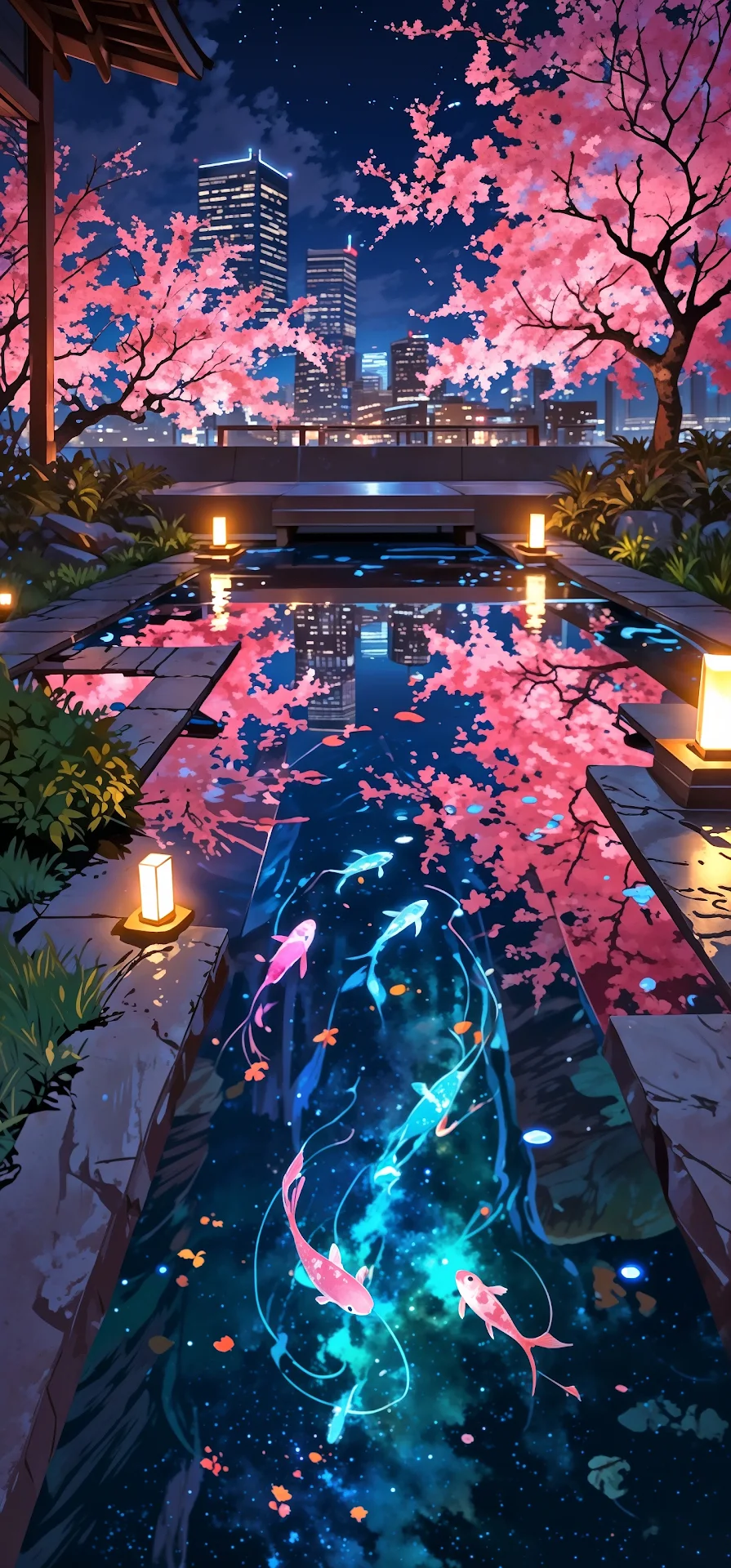 Glowing Koi Pond Under Cherry Blossoms at Night - Free 4K mobile Wallpaper