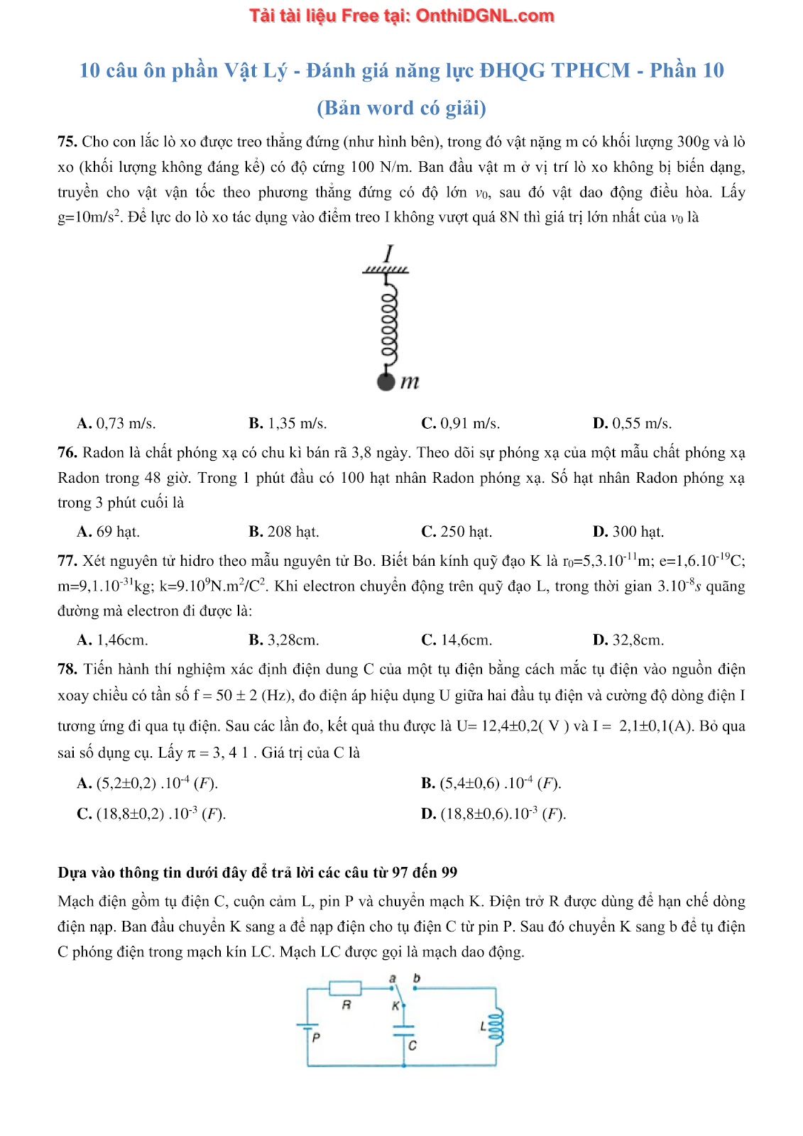 300 bài tập môn Vật Lý - Ôn thi ĐGNL ĐHQG TPHCM Phần 10