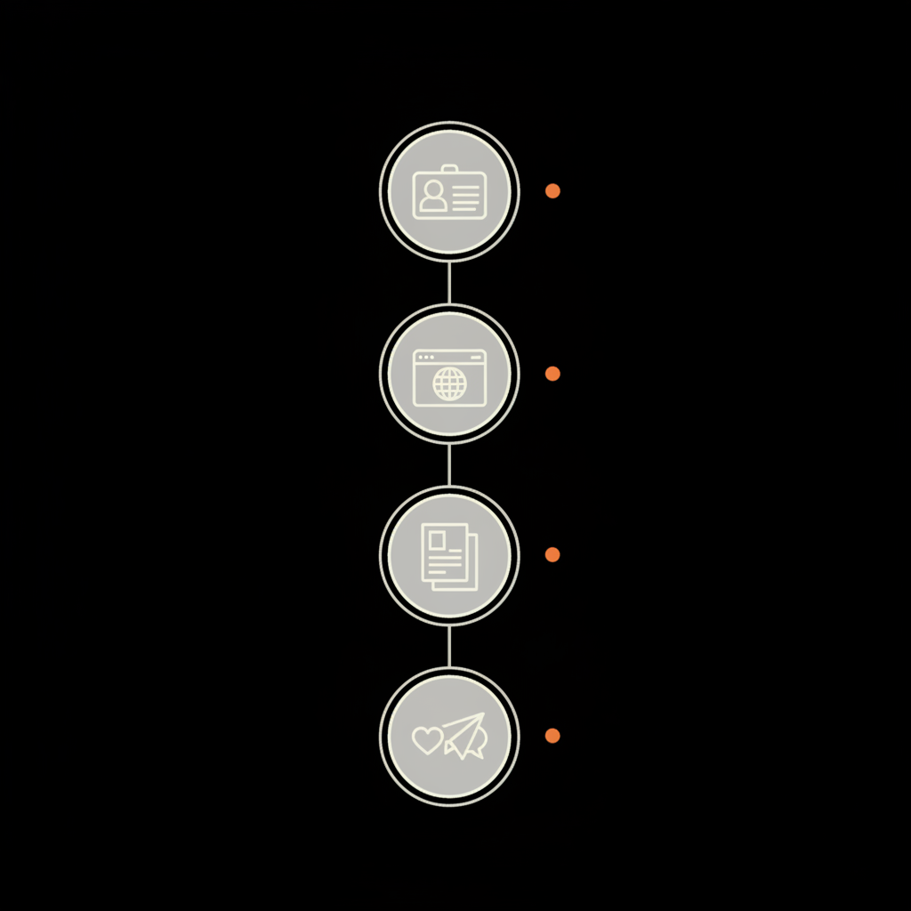 Minimal vector infographic showing five-step checklist icons to help users Instagram verify my identity: ID document, website, press links, engagement, apply, in Social Success Hub colors.