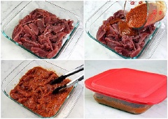 Trộn đều phần sốt ướp gồm 2 thìa súp nước tương, 1 thìa súp tỏi băm (khoảng 3 tép), ½ thìa súp gừng băm, ½ củ hành tây, băm nhỏ, 2 thìa súp đường nâu, 3 thìa súp tương ớt gochujang, 1 thìa cà phê ớt bột (giảm bớt hoặc bỏ nếu không ăn được cay), 2 thìa súp rượu gạo (hoặc giấm rượu gạo), 2 thìa súp dầu mè trong một bát nhỏ hoặc máy xay. Trải đều thịt ra khay rồi đổ phần sốt ướp lên, lăn đều cho thịt ngấm, bọc lại và cho vào tủ lạnh ít nhất 2 tiếng, ngon hơn nếu để qua đêm.