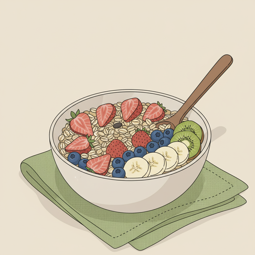 2D Vektor-Nahaufnahme einer Vollkornschale mit frischen Früchten auf salbeigrünem Leinentuch, minimalistischer Stil und freundliche Stimmung, KI Ernährungsplan