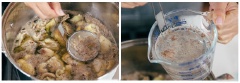 Sau đó cho thit gà vào nồi lại, chế 4 lít nước vào và bắt lên bếp nấu với lửa lớn, thường xuyên hớt bọt để nước dùng được trong và ngon. Khi nước dùng sôi lên khoảng 15 phút thì cho gừng, hành lá, tỏi vào và hầm lấy nước từ 3 - 6 tiếng. Cuối cùng lọc nước dùng qua rây để nước được trong, không còn cặn. Cho nước dùng vào lọ thủy tinh, bảo quản tủ lạnh.