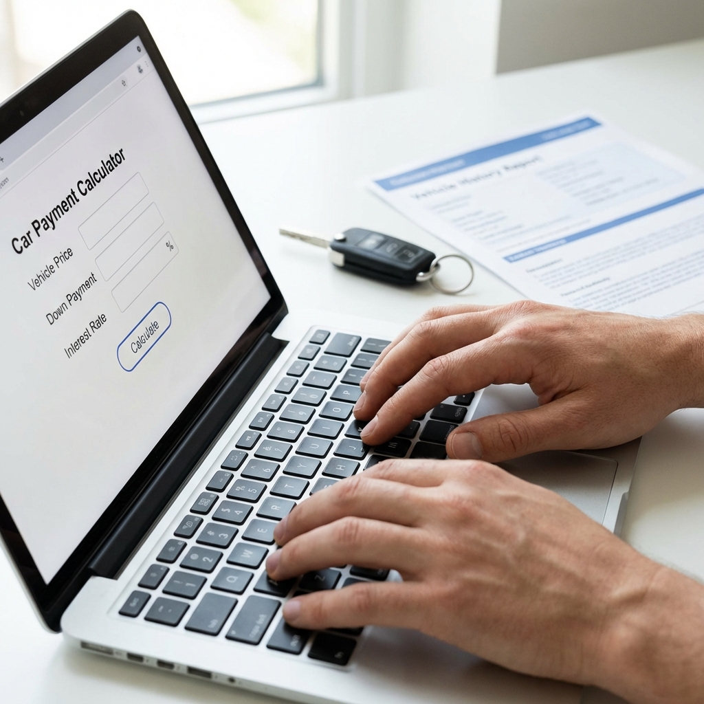 Close up of hands entering numbers on a laptop car payment calculator with vehicle key and printed vehicle history report in background emphasizing toyota deals