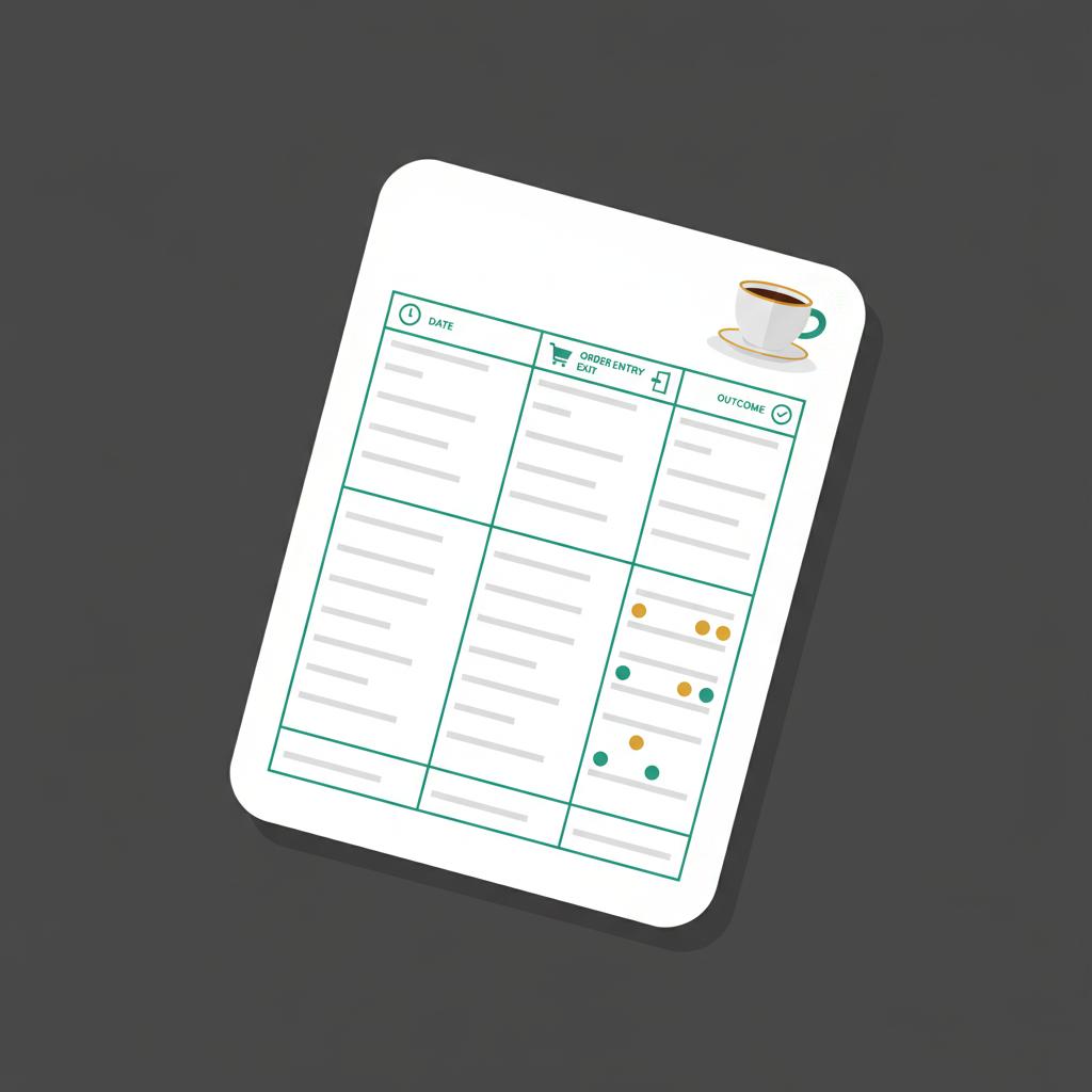 Minimalist 2D vector tilted trade journal page with column placeholders and a small coffee cup on dark background perfect for stock market for beginners pdf