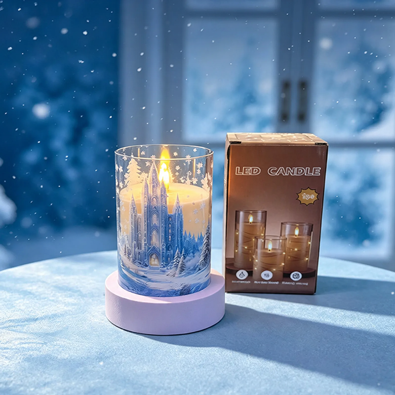 LED electronic candle with snow landscape motif