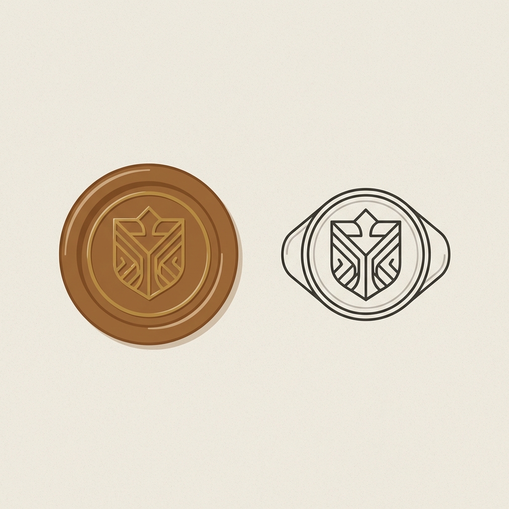Minimal 2D vector of a wax sealing impression beside the carved intaglio on neutral paper background in Aurora Antiqua brand colors ancient roman seal rings