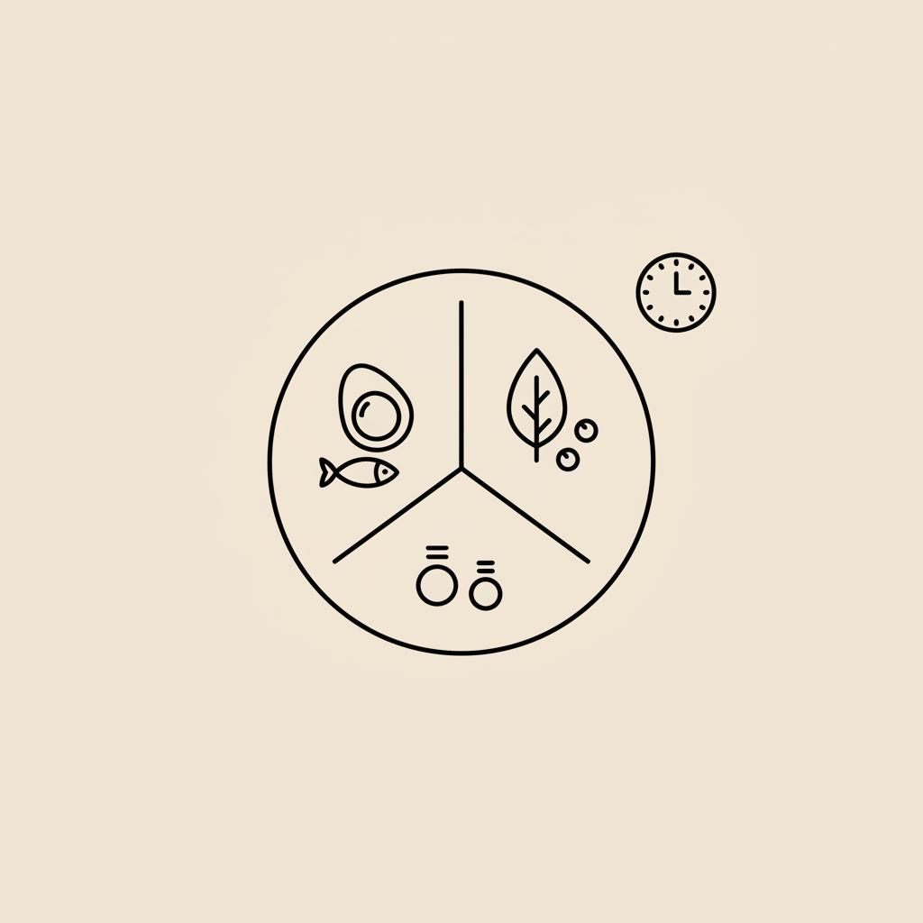 Minimal Tonum-style line illustration: divided plate with icons for protein (egg &amp; fish), produce (leaf), portions (stacked circles) and a small clock — curb hunger naturally