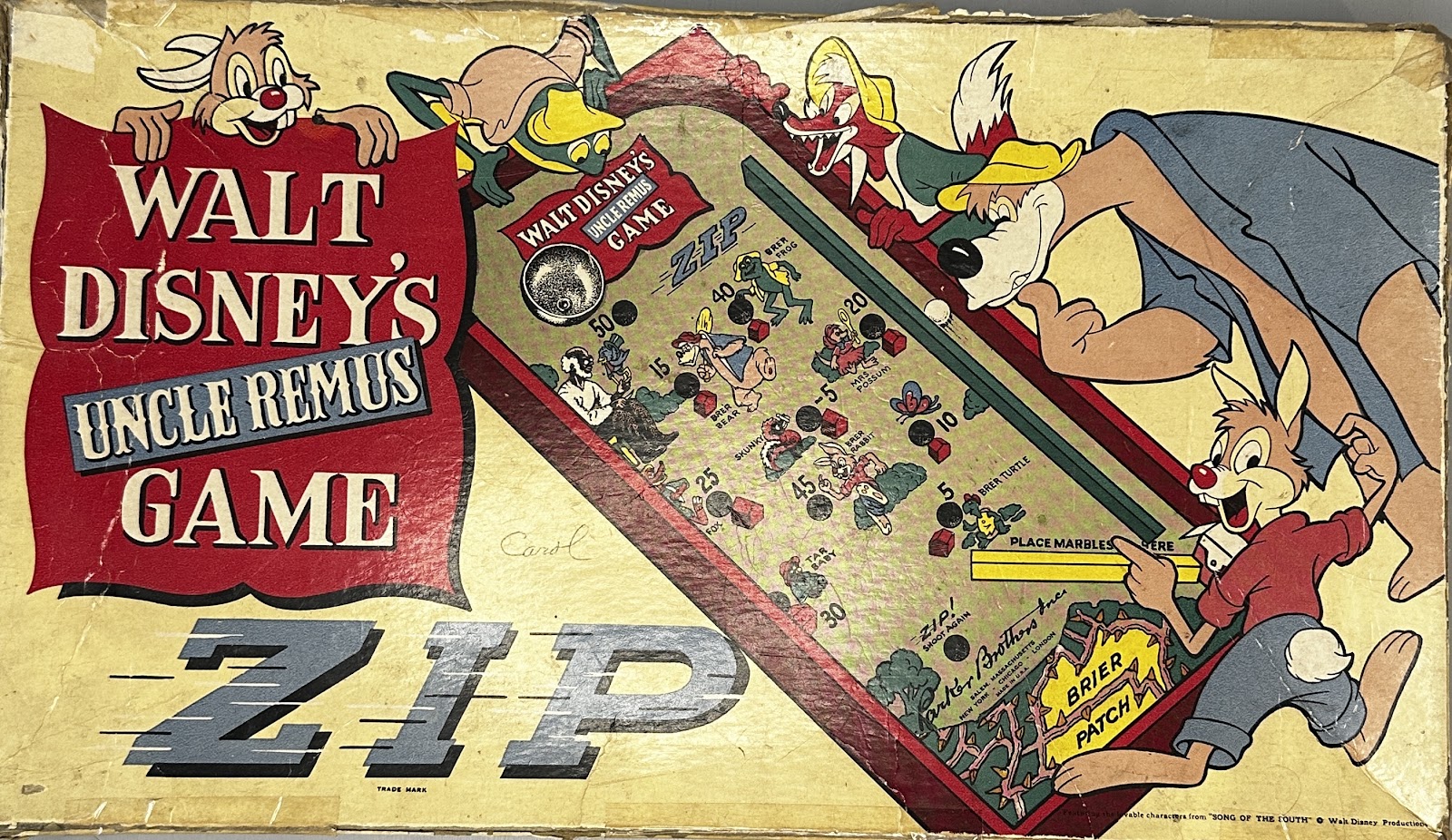 Walt Disney's Uncle Remus Game 'Zip' by Parker Brothers, a 1946 bagatelle marble game tied to Song of the South, with Brer Rabbit, Brer Fox and Brer Bear lithography