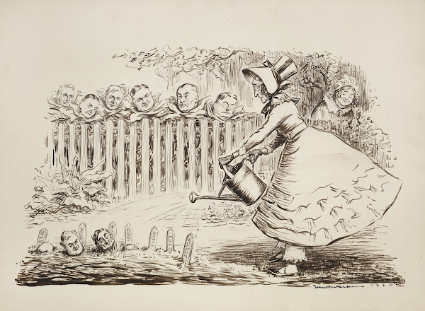 A woman waters plants in her garden 1920