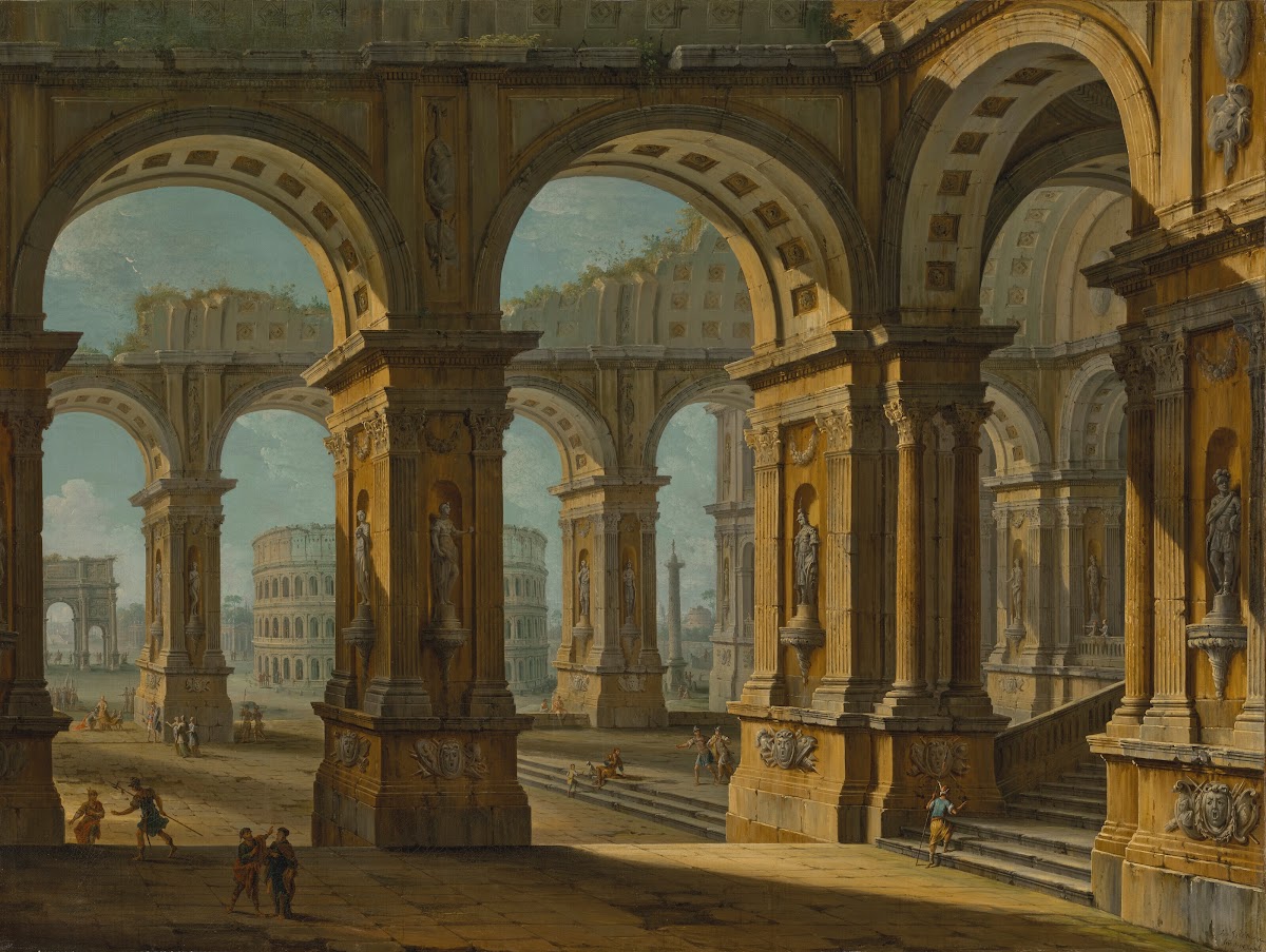 A capriccio of Rome with the Colusseum and Arch of Titus 1758