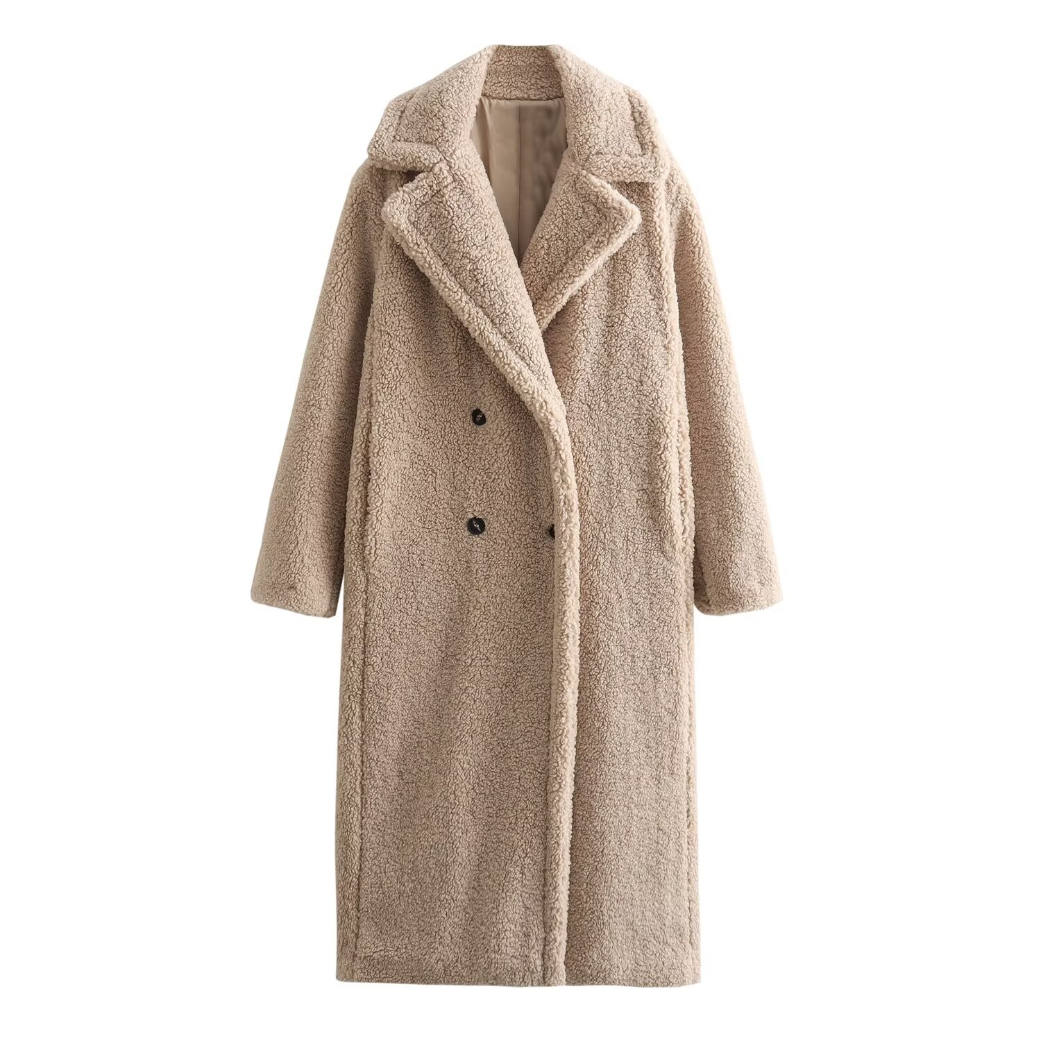 Long lamb fleece coat with lapels for women