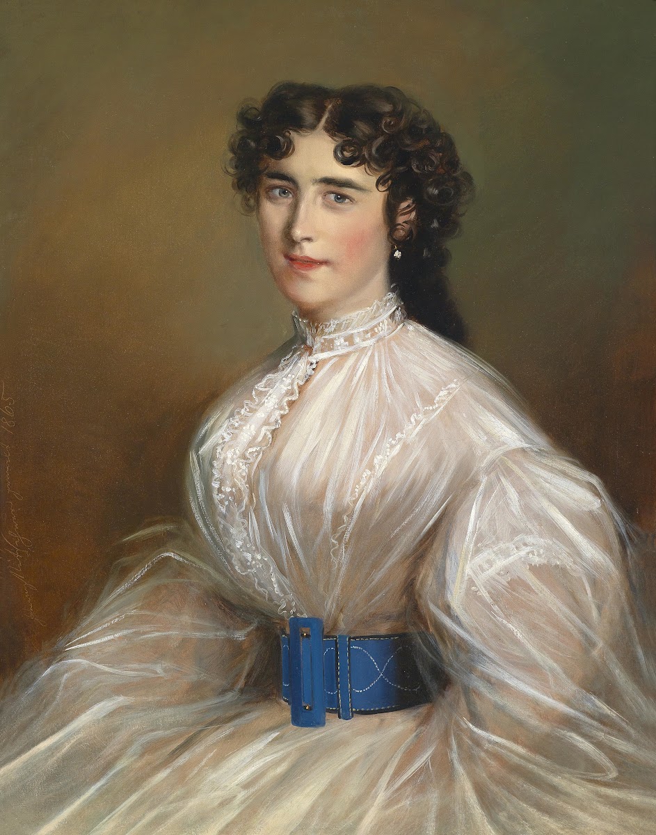 Portrait einer Dame in weißem Kleid 1865