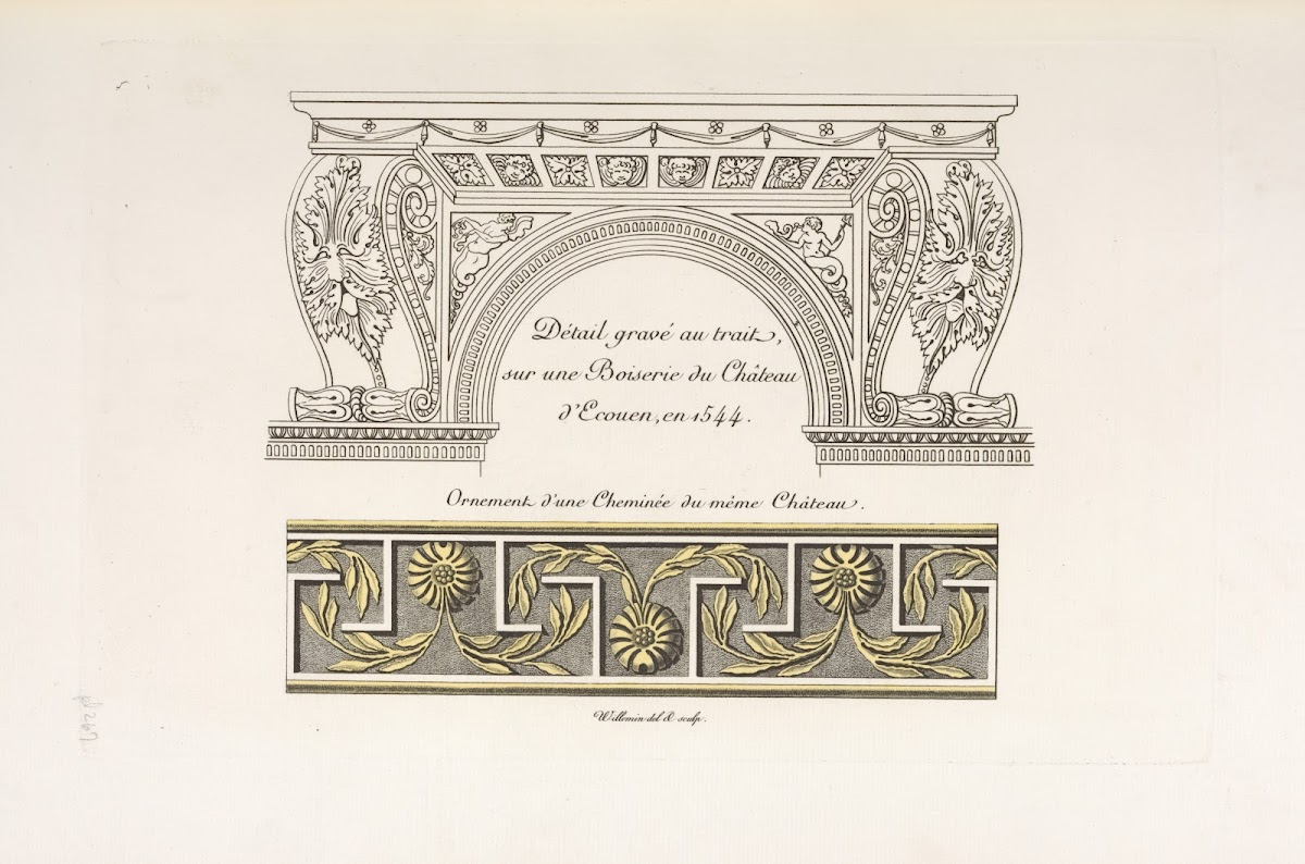 Détail gravé ai trait sur une boiserie du château dEcouen en 1544 Ornement dune