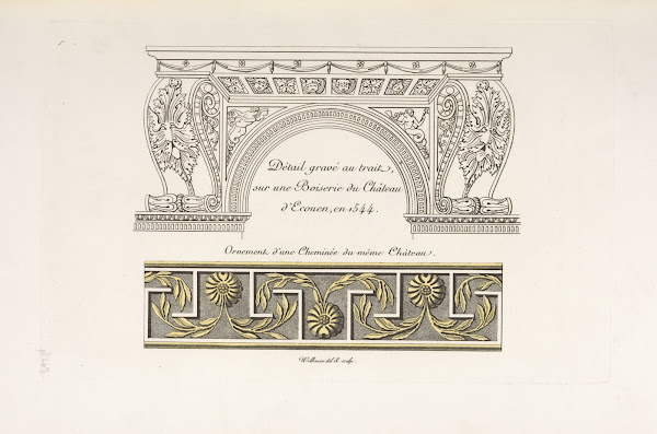 Détail gravé ai trait sur une boiserie du château dEcouen en 1544 Ornement dune