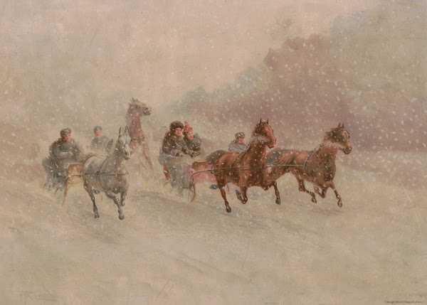 Sleighs pulled by horses running through snow after FM Lamb 1894