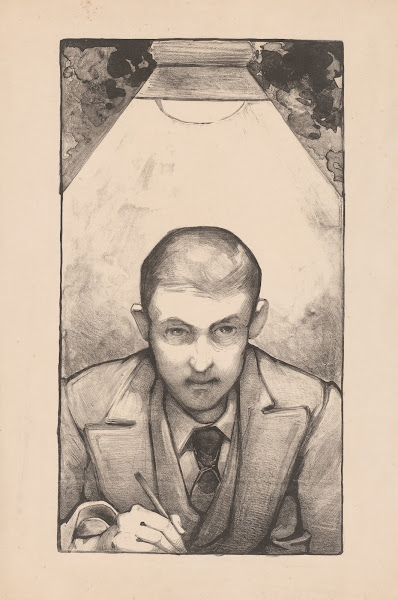 Zelfportret onder lamp tekenend