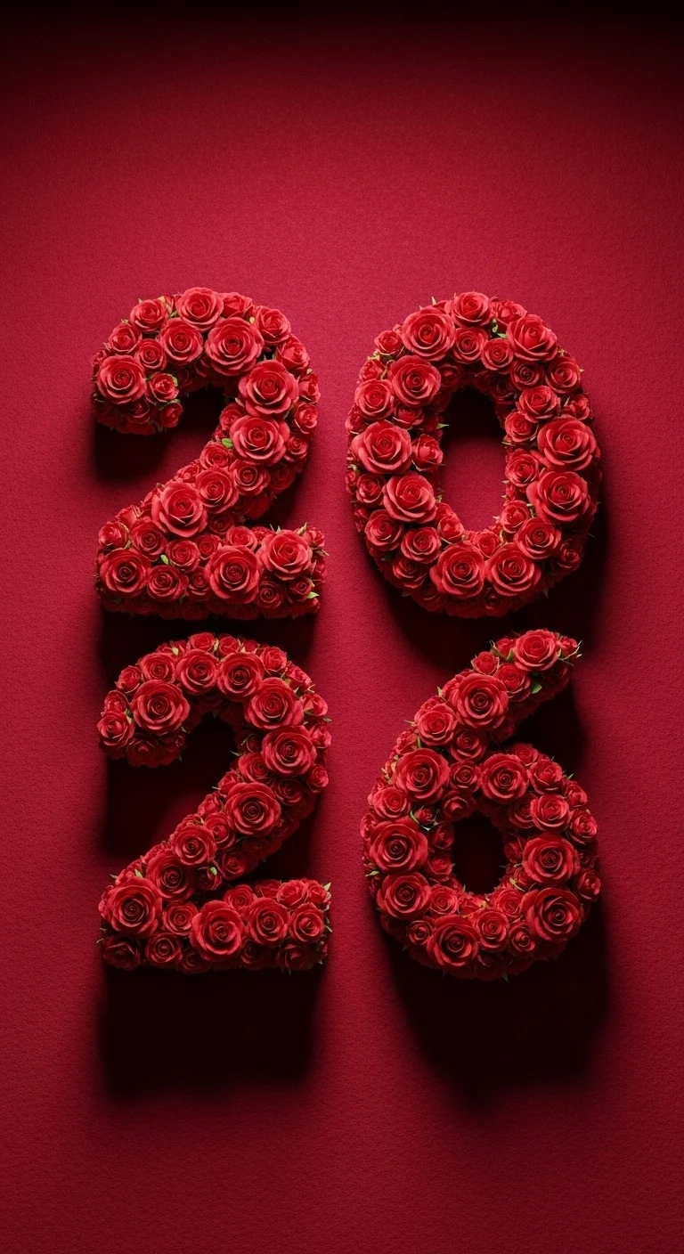 3D Render of Year 2026 Made of Red Roses on Red Felt - Free 4K mobile Wallpaper