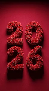 3D Render of Year 2026 Made of Red Roses on Red Felt
