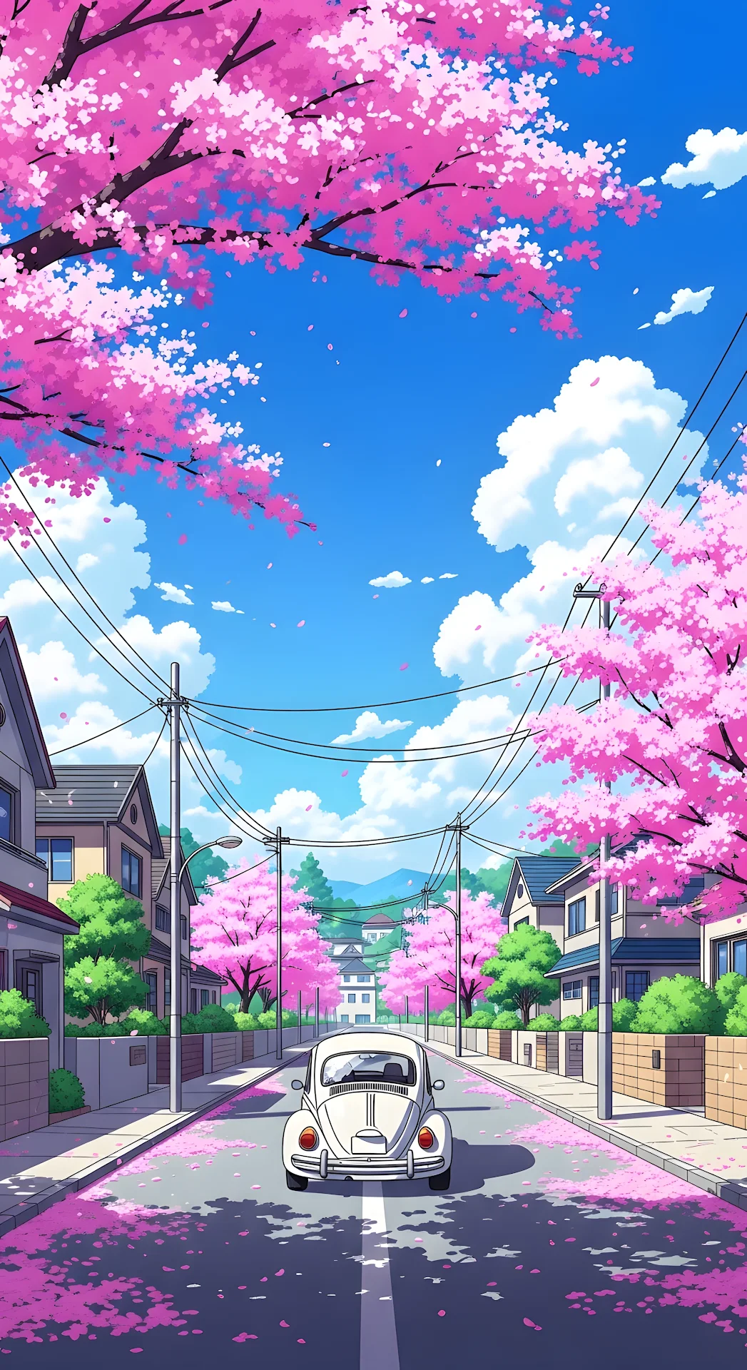 Springtime Sakura Street with Classic White Beetle Car - Free 4K mobile Wallpaper