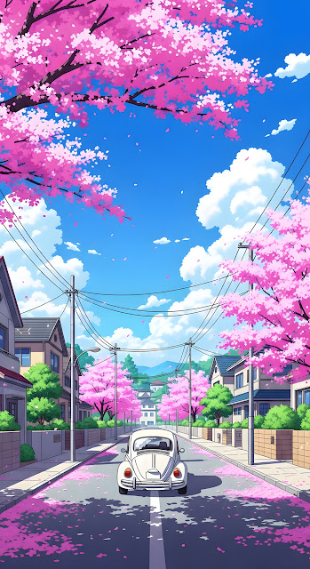 Springtime Sakura Street with Classic White Beetle Car - Free mobile Wallpaper