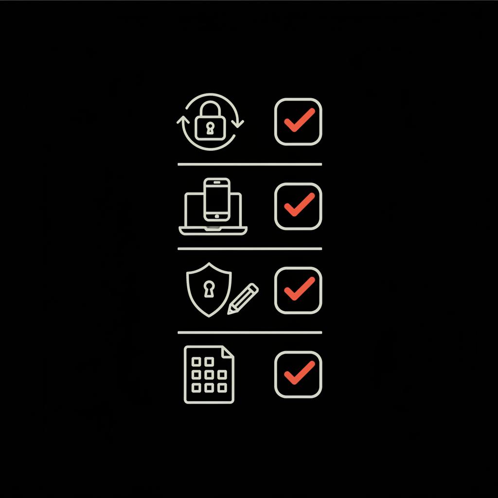Minimal 2D vector checklist illustrating Google account recovery steps with icons for change password, review devices, update recovery info, and save backup codes on a black background.