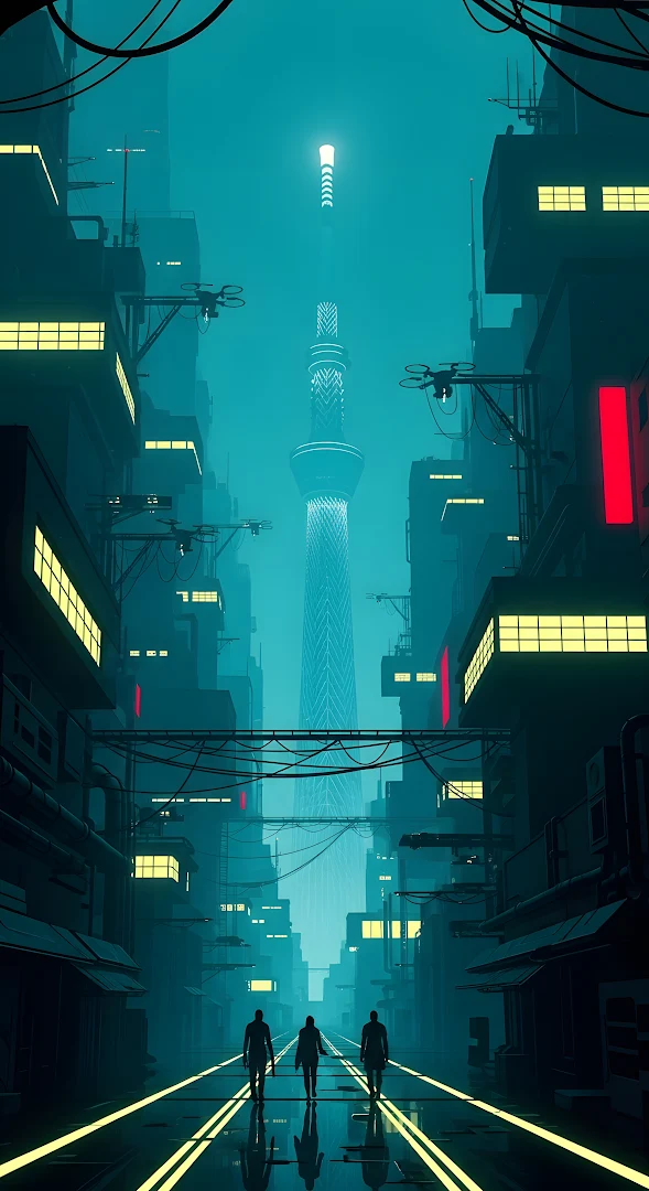Neon Cyan Cyberpunk Alley with Distant Glowing Tower