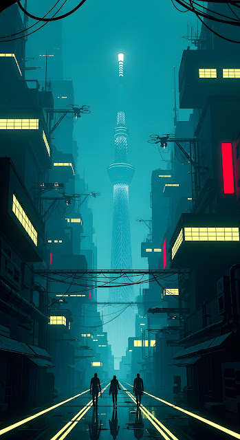 Neon Cyan Cyberpunk Alley with Distant Glowing Tower - Free mobile Wallpaper