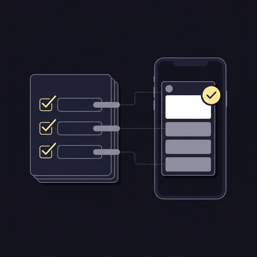 Minimalist 2D vector of a notepad with checklist items and timestamps beside a smartphone showing a simplified social post representing a verification workflow american idol odds